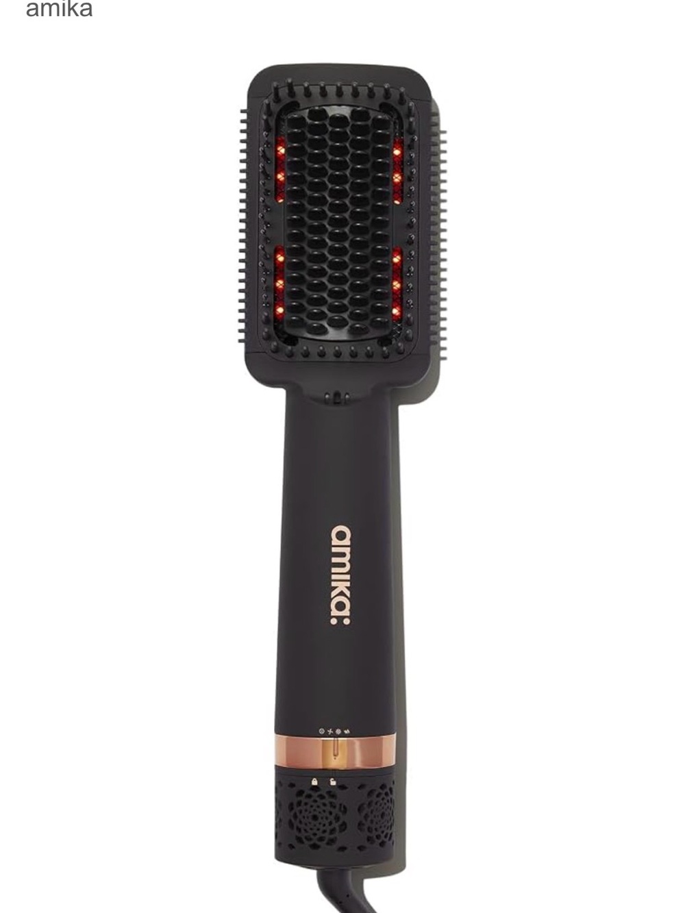 amika Heated Straightening Brush in Black with Rose Gold Trim and Red Indicators